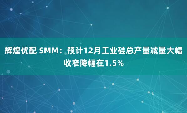 辉煌优配 SMM：预计12月工业硅总产量减量大幅收窄降幅在1.5%